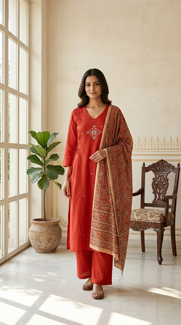 Women Rust Mandala Mirror Sequin Angrakha Cotton Kurta Pant Dupatta Set