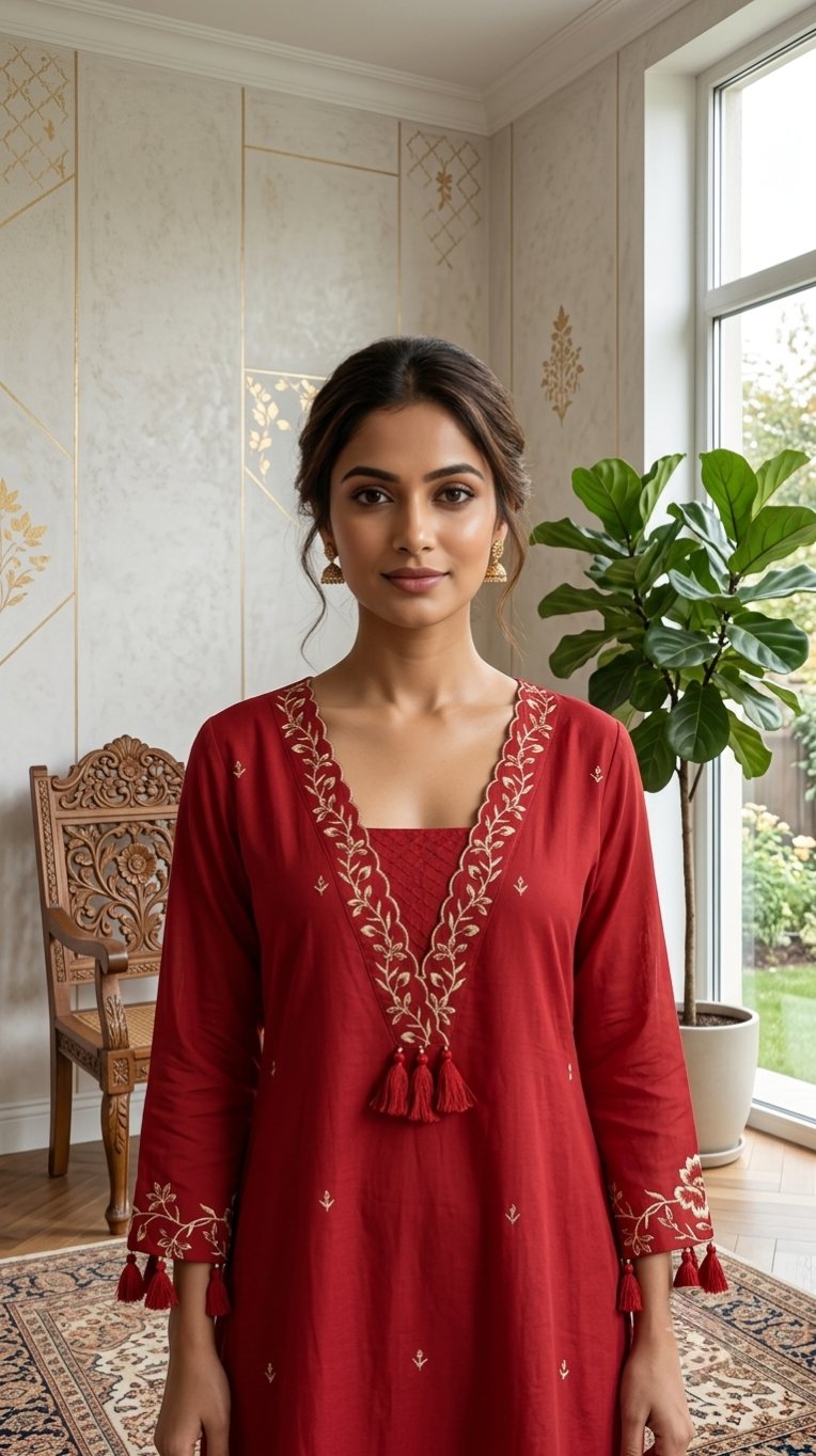 Women Red Gold Zari Floral Embroidered Cotton Kurta Palazzo Dupatta Set