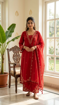 Women Red Gold Zari Floral Embroidered Cotton Kurta Palazzo Dupatta Set