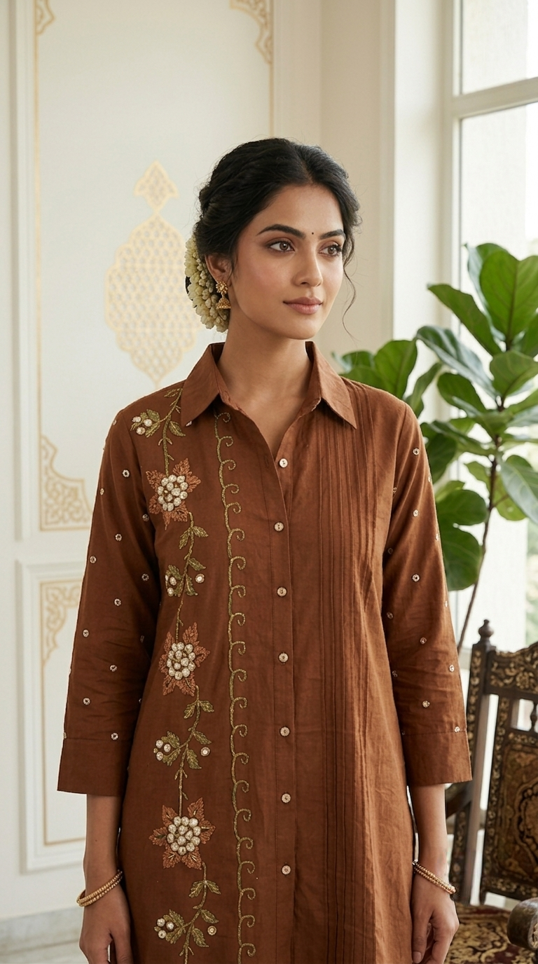 Women Brown Thread Embroidered Cotton Coord Set