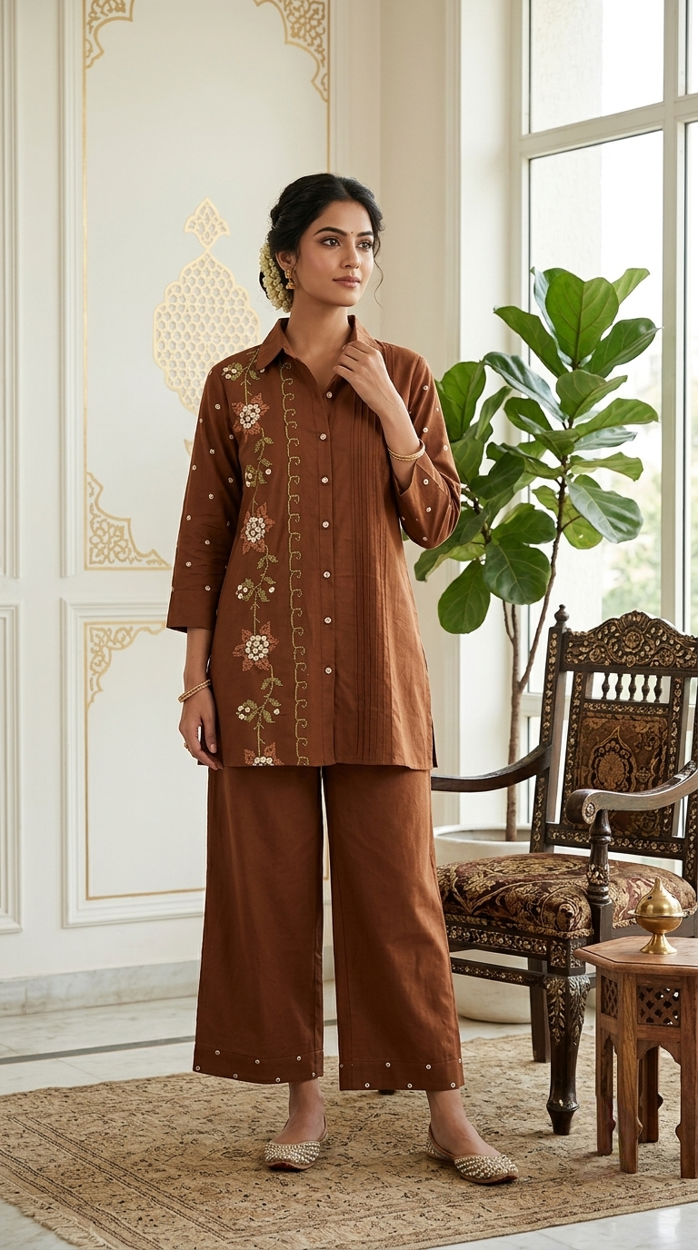 Women Brown Thread Embroidered Cotton Coord Set