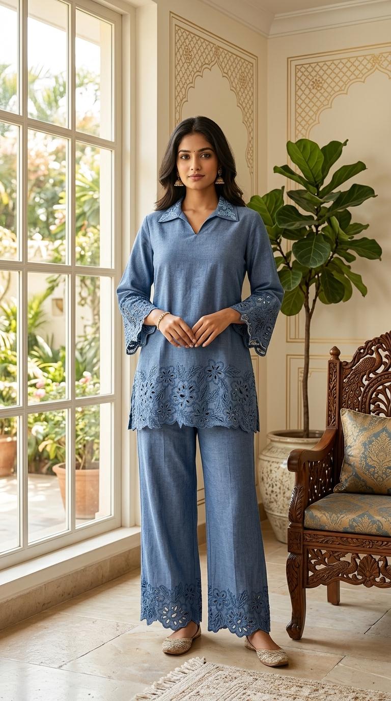 Women Denim Blue Embroidered Cotton Coord Set