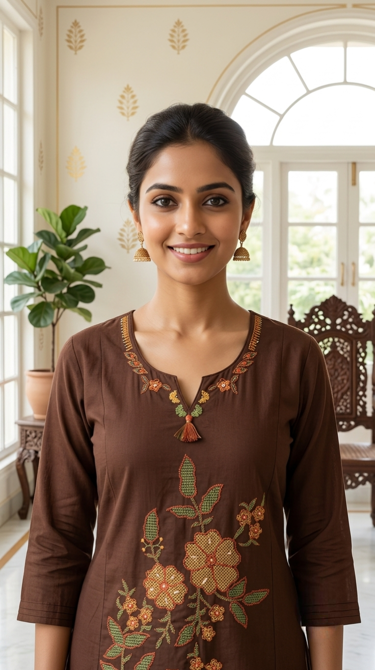 Women Brown Floral Embroidered Cotton Kurta Pant Dupatta Set