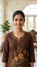 Women Brown Floral Embroidered Cotton Kurta Pant Dupatta Set