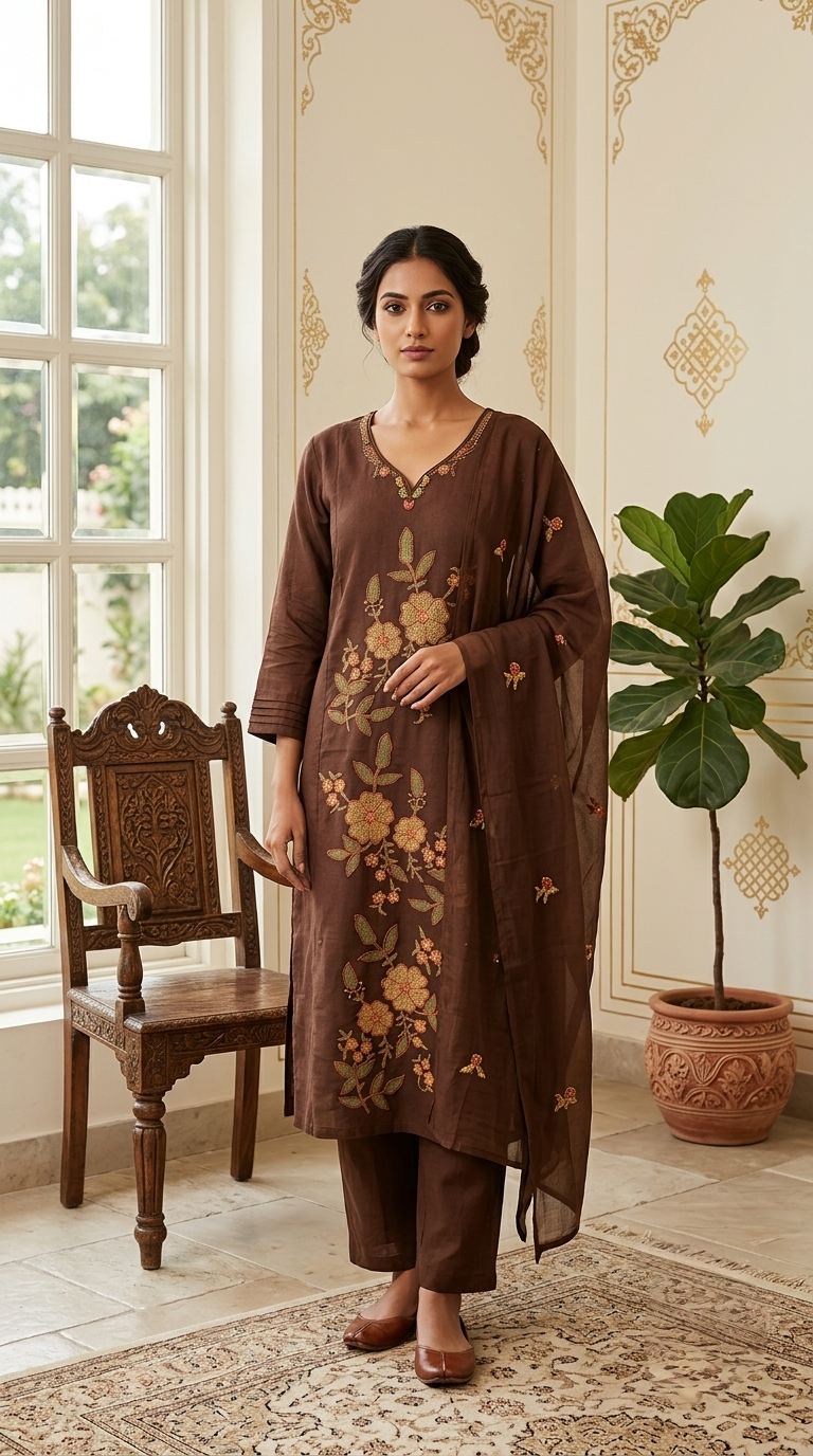 Women Brown Floral Embroidered Cotton Kurta Pant Dupatta Set