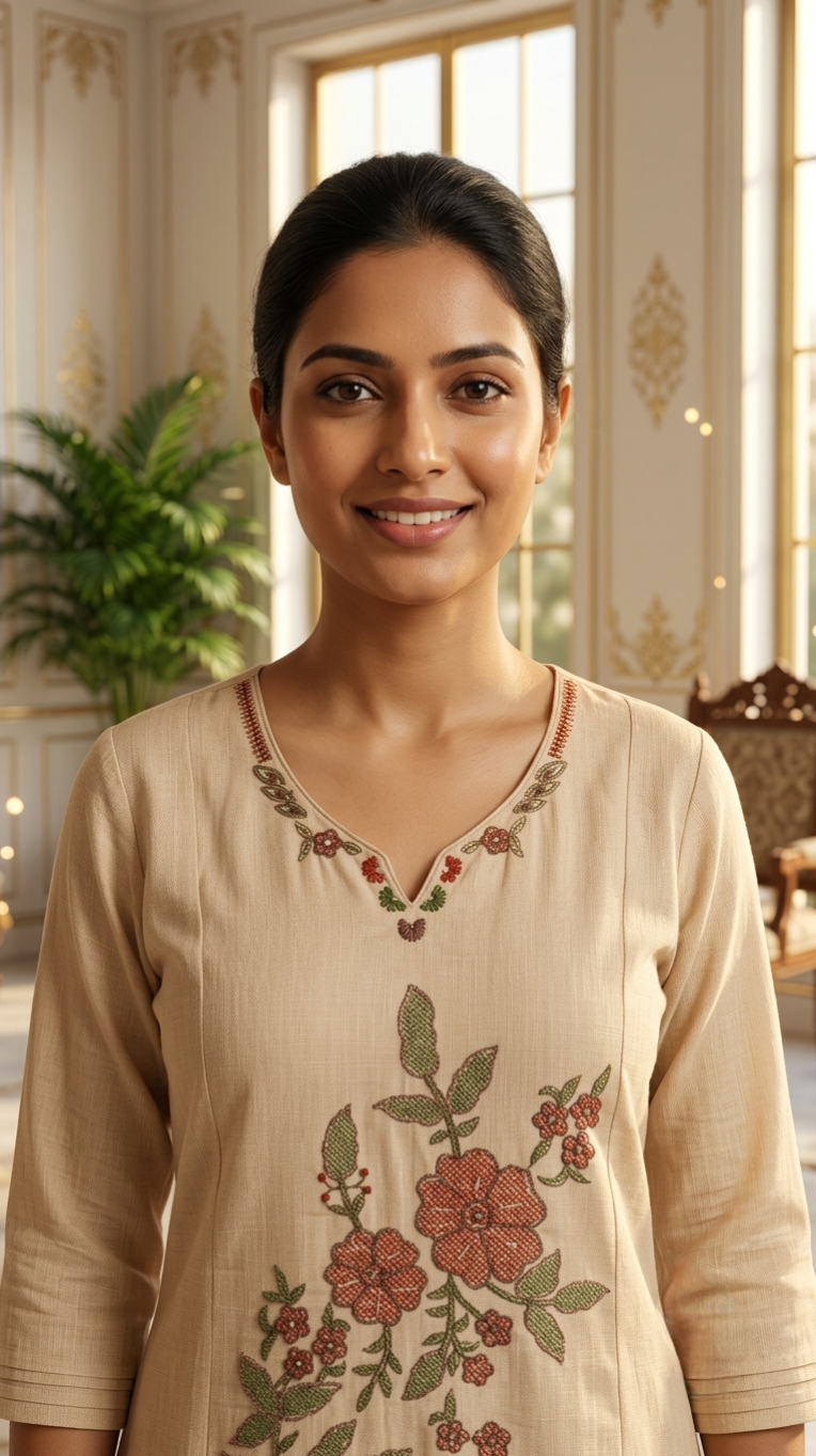 Women Beige Floral Thread Embroidered Cotton Kurta Pant Dupatta Set