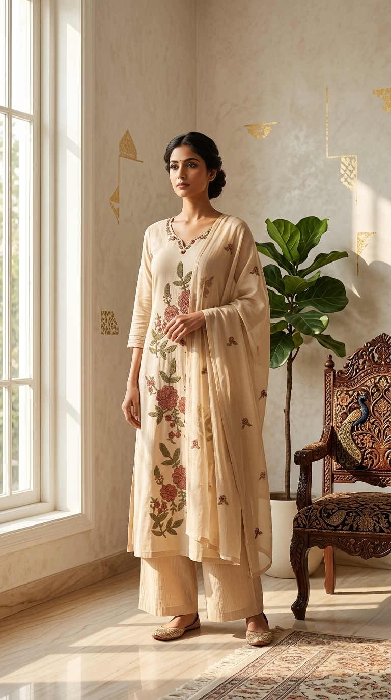 Women Beige Floral Thread Embroidered Cotton Kurta Pant Dupatta Set