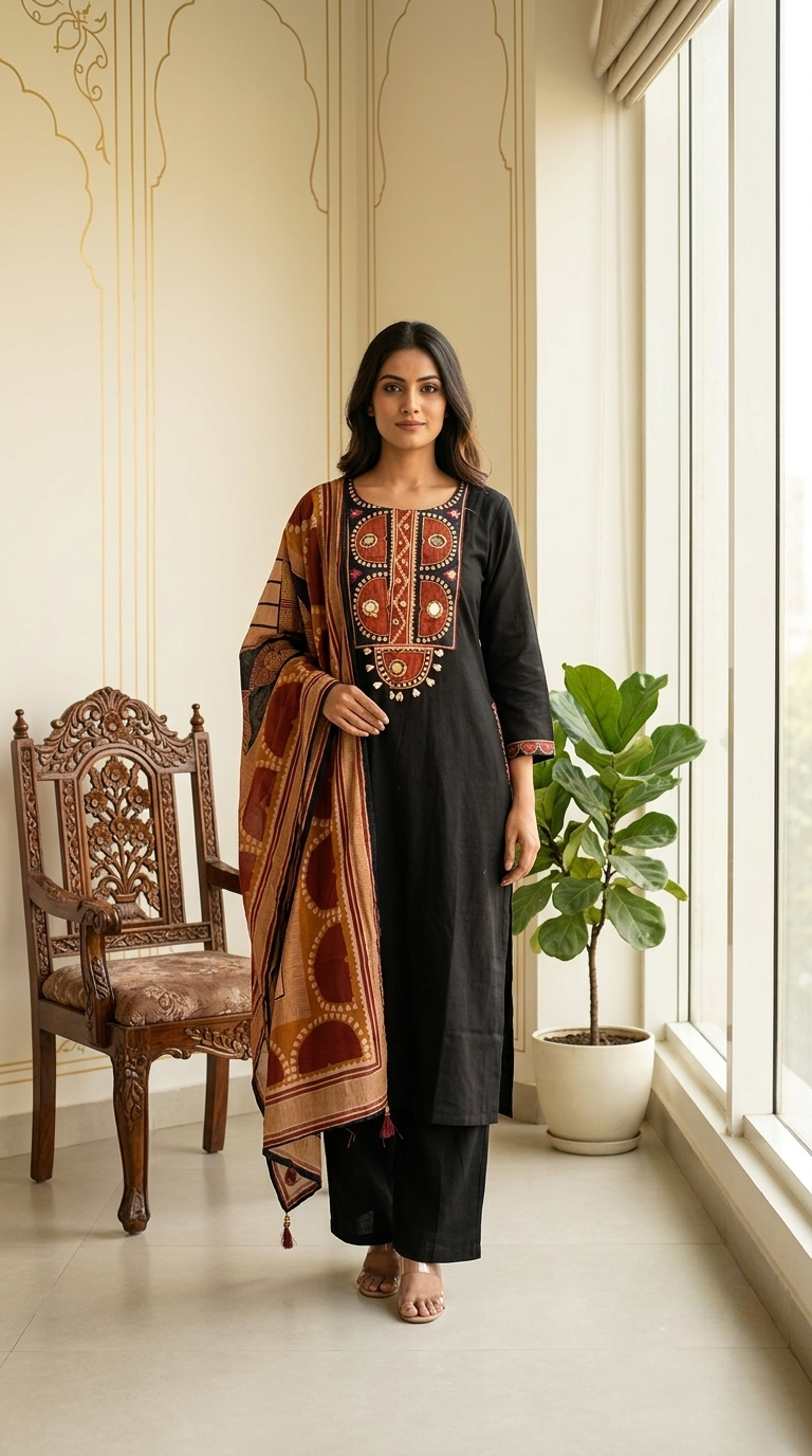 Women Black Mirror Patchwork Cotton Kurta Pant Dupatta Set