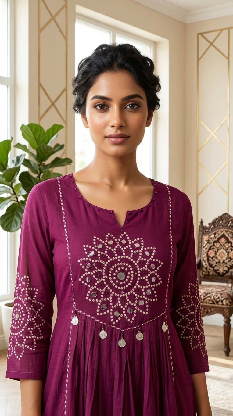 Women Purple Mandala Mirror Embroidered Mul Cotton Anarkali Kurta Pant Dupatta Set