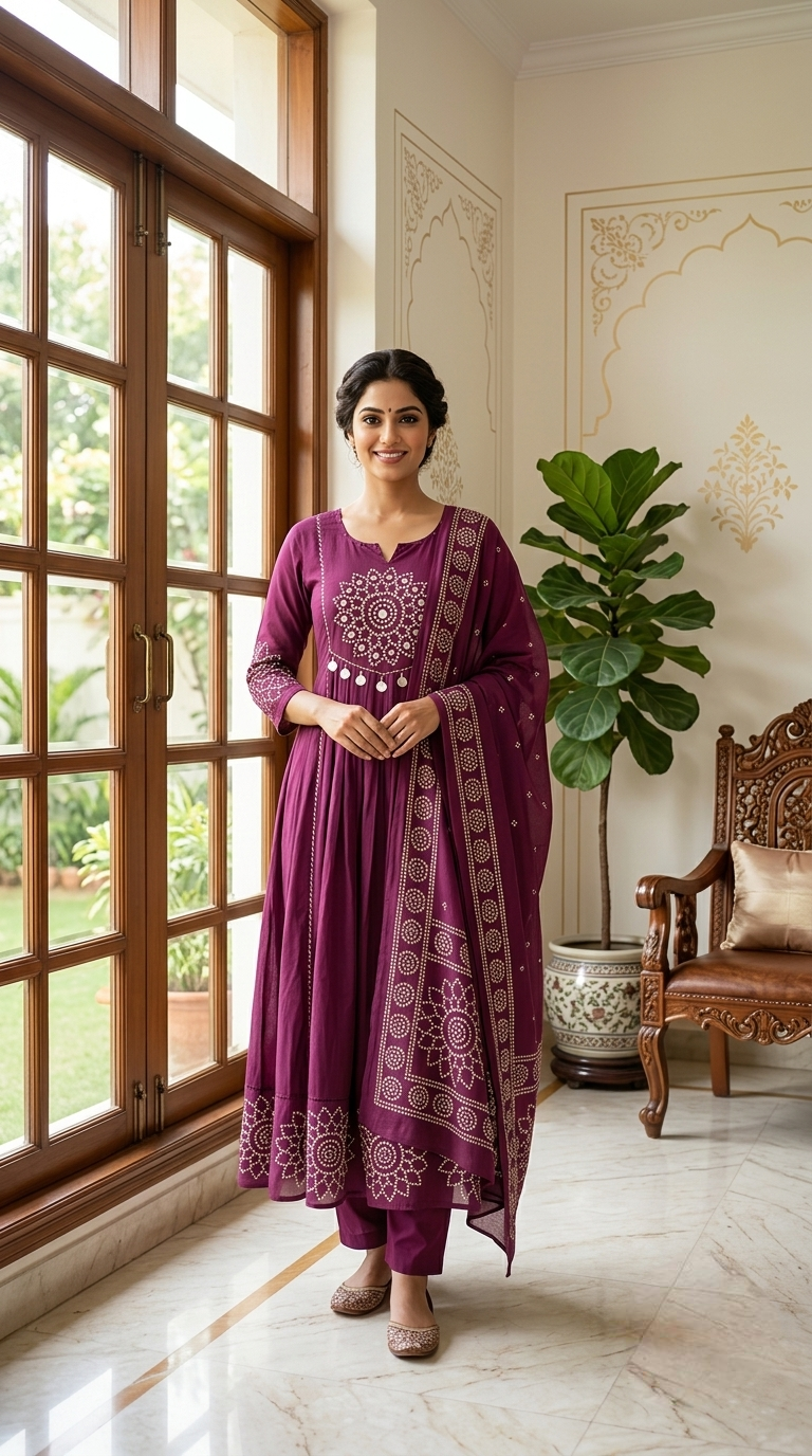 Women Purple Mandala Mirror Embroidered Mul Cotton Anarkali Kurta Pant Dupatta Set
