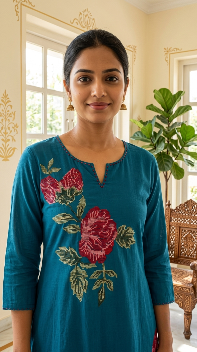Women Teal Blue Floral Embroidered Mul Cotton Kurta Pant Dupatta Set