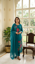 Women Teal Blue Floral Embroidered Mul Cotton Kurta Pant Dupatta Set