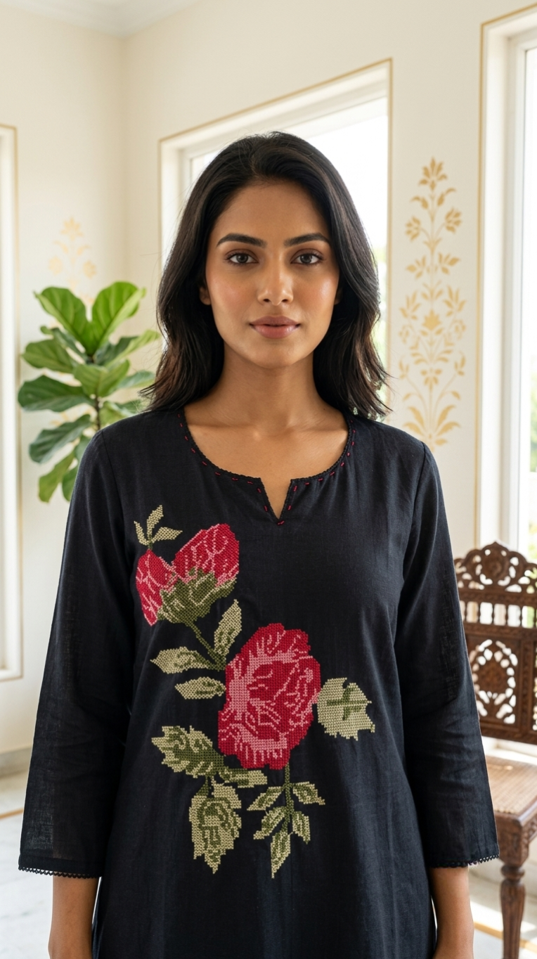 Women Navy Blue Floral Embroidered Mul Cotton Kurta Pant Dupatta Set