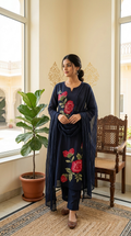 Women Navy Blue Floral Embroidered Mul Cotton Kurta Pant Dupatta Set