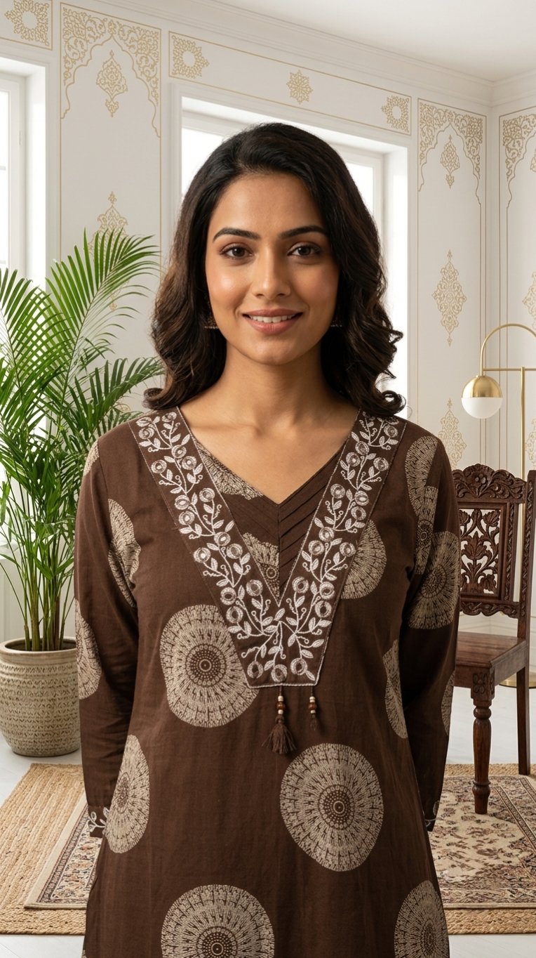 Women Brown Mandala Print Embroidered Cotton Kurta Pant Dupatta Set