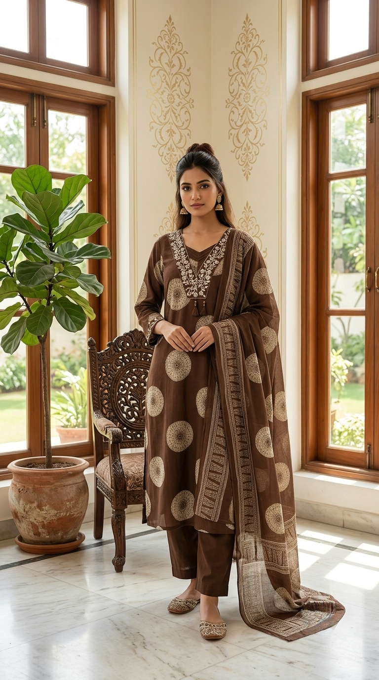Women Brown Mandala Print Embroidered Cotton Kurta Pant Dupatta Set