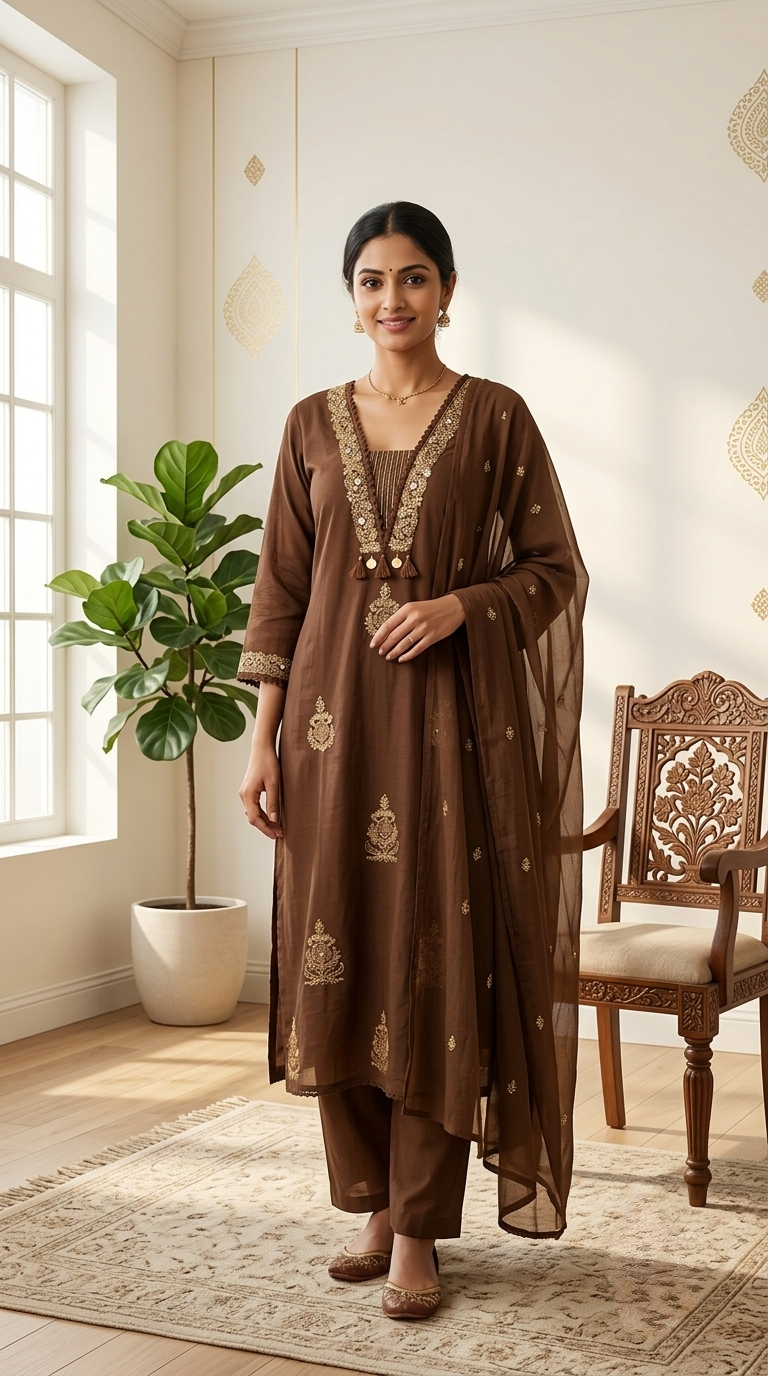 Women Brown Zari Embroidered Cotton Kurta Pant Dupatta Set
