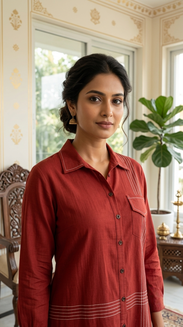 Women Rust Thread Work Cotton Coord Set