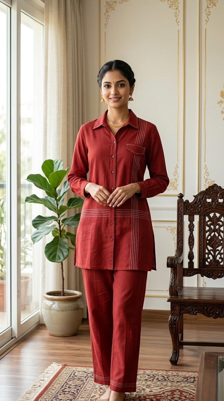 Women Rust Thread Work Cotton Coord Set