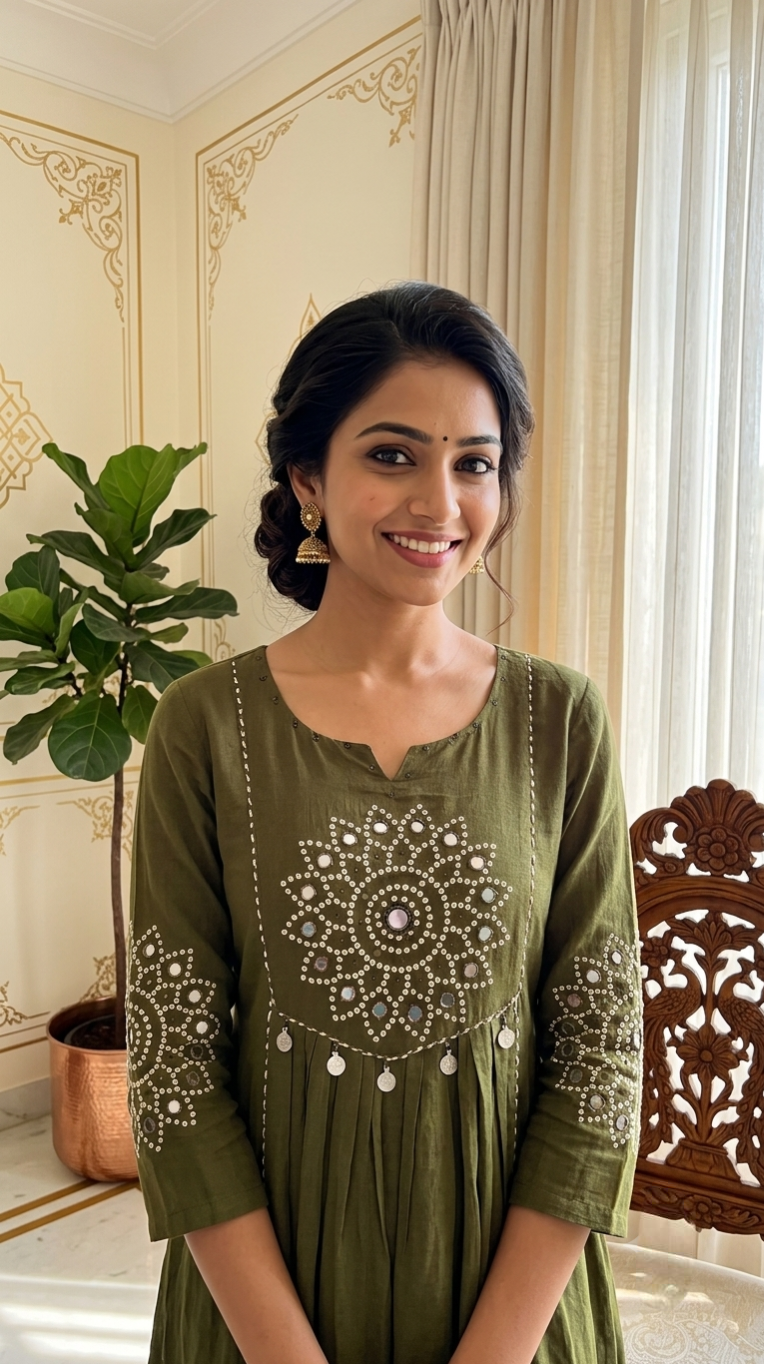 Women Mehandi Green Mandala Mirror Sequin Embroidered Mul Cotton Anarkali Kurta Pant Dupatta Set