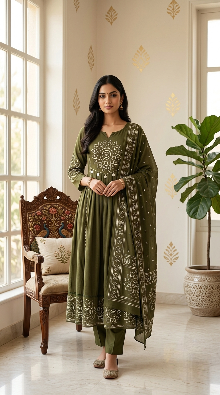 Women Mehandi Green Mandala Mirror Sequin Embroidered Mul Cotton Anarkali Kurta Pant Dupatta Set