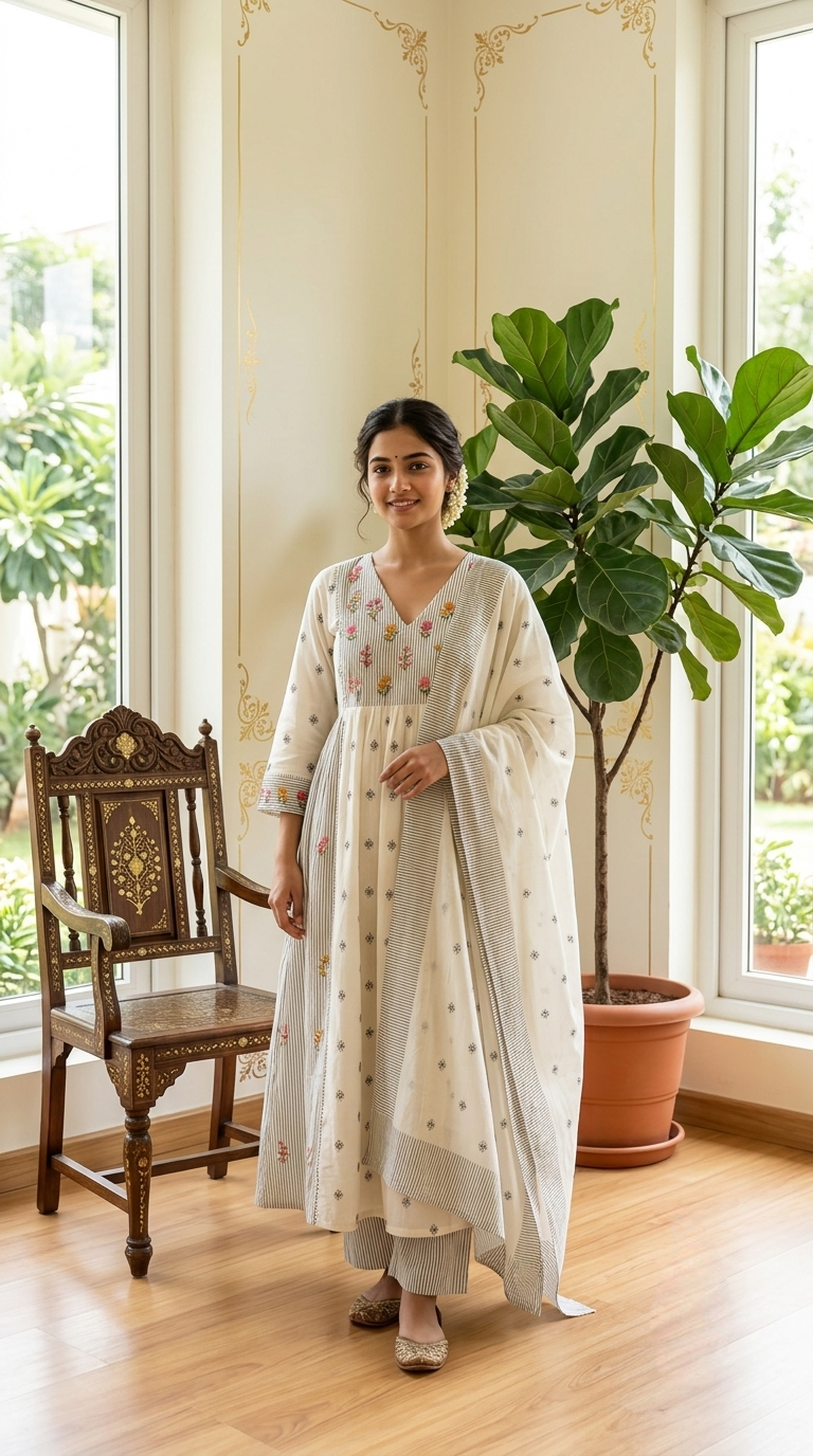 Women Off White Stripe Yoke Floral Thread Work Anarkali Cotton Kurta Pant Dupatta Set