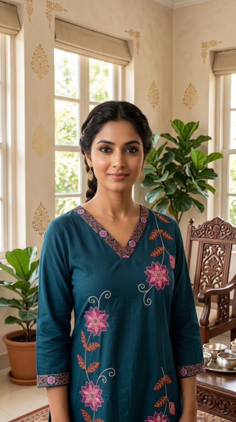 Women Teal Blue Floral Thread Embroidered Cotton Kurta Pant Dupatta Set