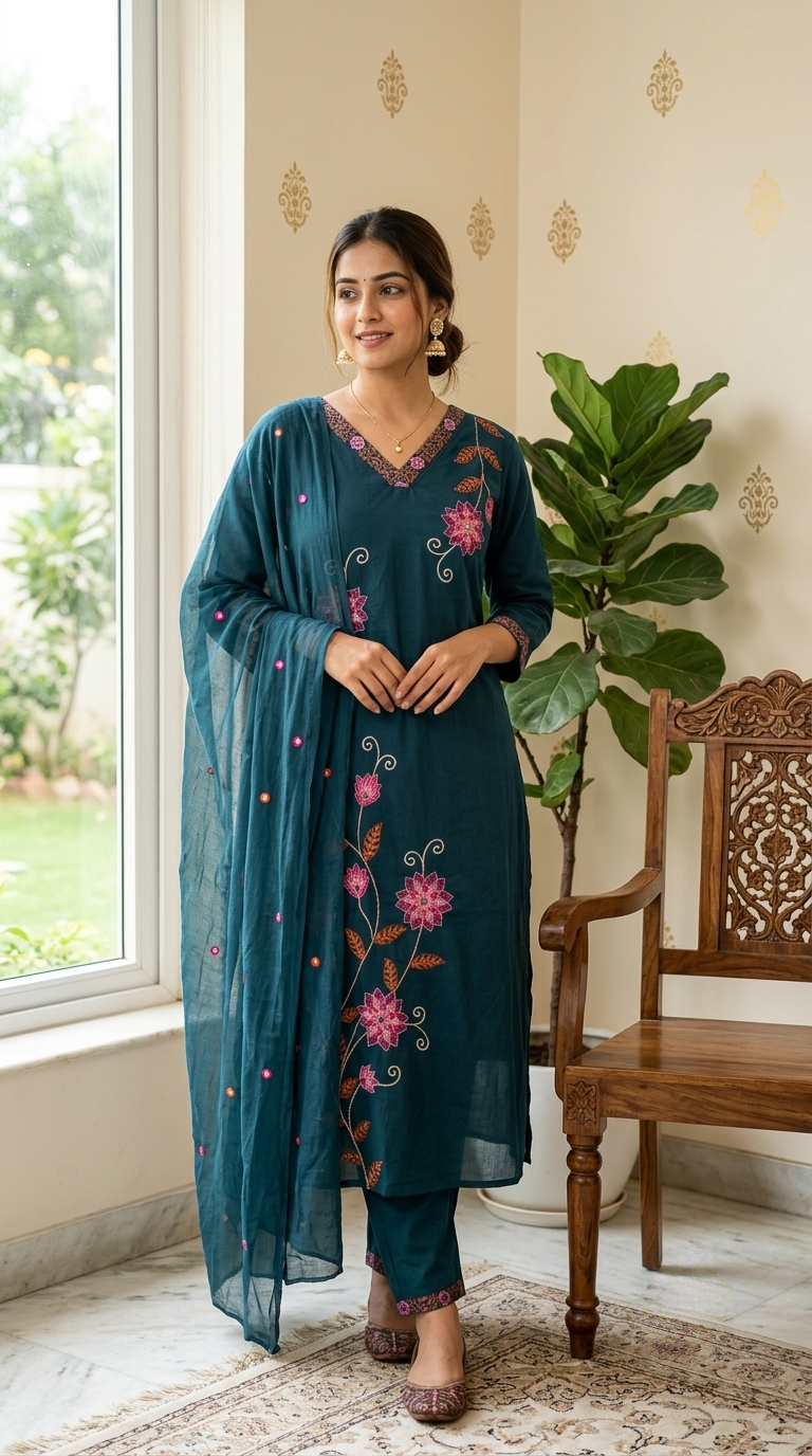 Women Teal Blue Floral Thread Embroidered Cotton Kurta Pant Dupatta Set