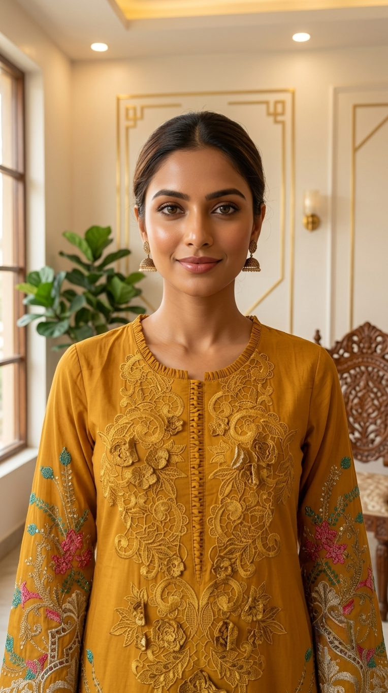 Women Mustard Yellow Mughal Floral Embroidered Cotton Kurta Palazzo Dupatta Set