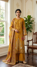 Women Mustard Yellow Mughal Floral Embroidered Cotton Kurta Palazzo Dupatta Set