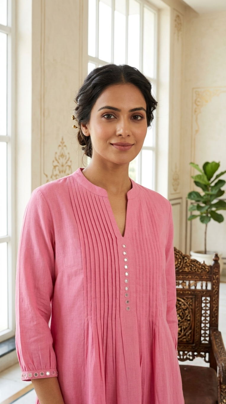 Women Pink Pintuck Cotton Kurta Pant Set