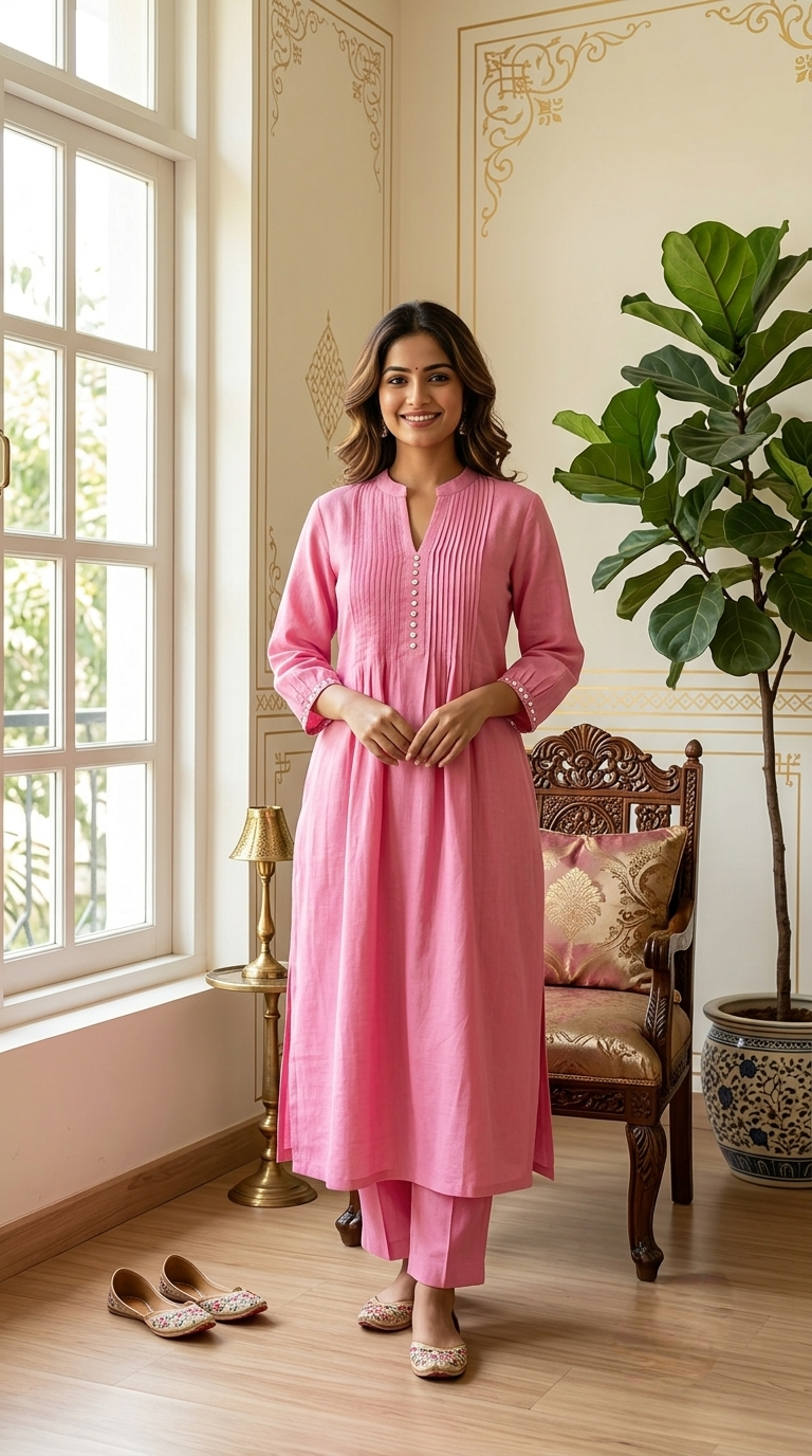 Women Pink Pintuck Cotton Kurta Pant Set