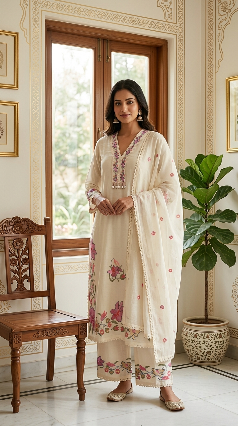 Women Off White Floral Thread Embroidered Cotton Kurta Pant Dupatta Set