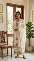 Women Off White Floral Thread Embroidered Cotton Kurta Pant Dupatta Set