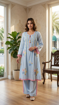 Women Sky Blue Floral Thread Embroidered Mul Cotton Kurta Pant Set