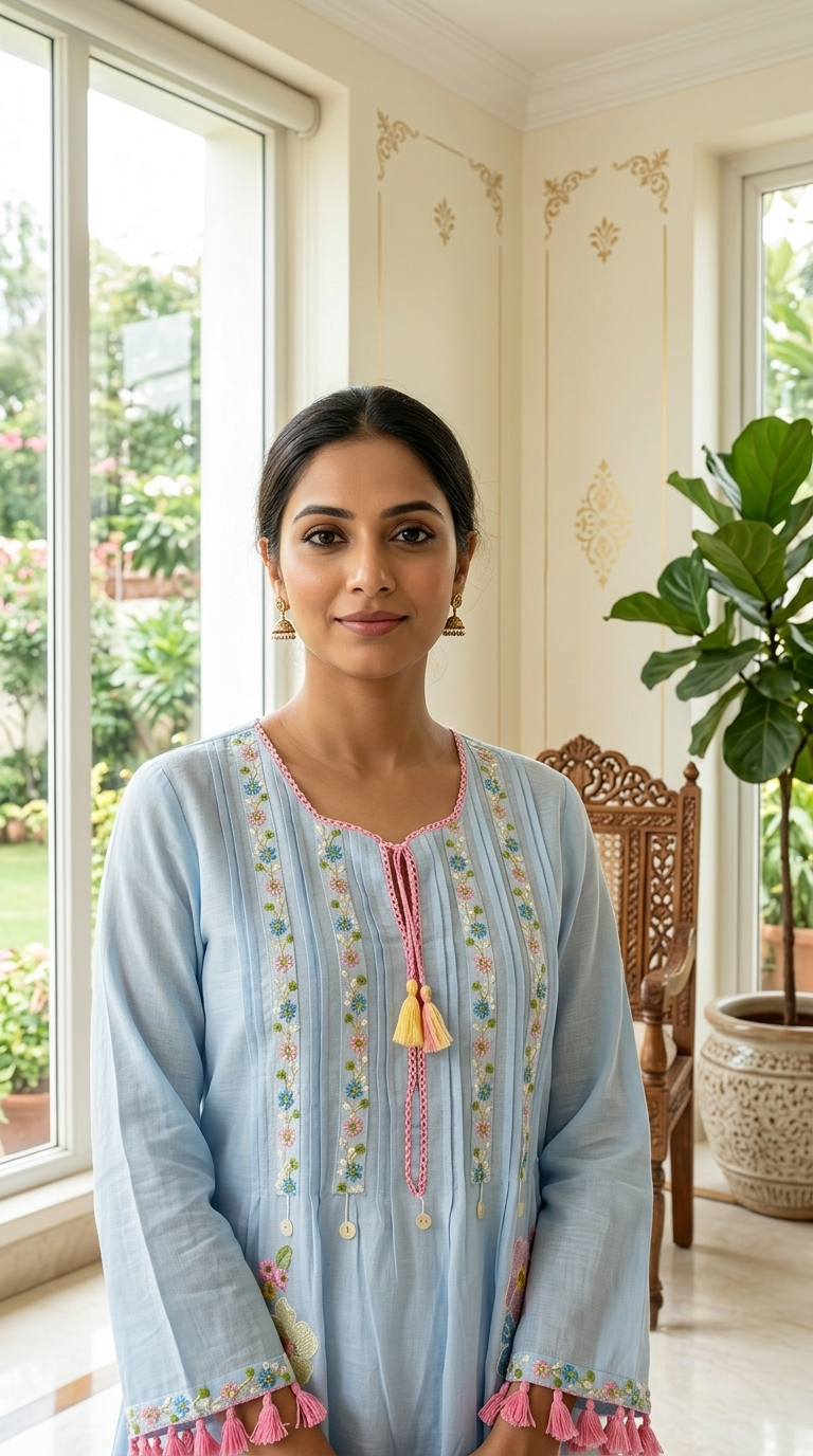 Women Sky Blue Floral Thread Embroidered Mul Cotton Kurta Pant Set