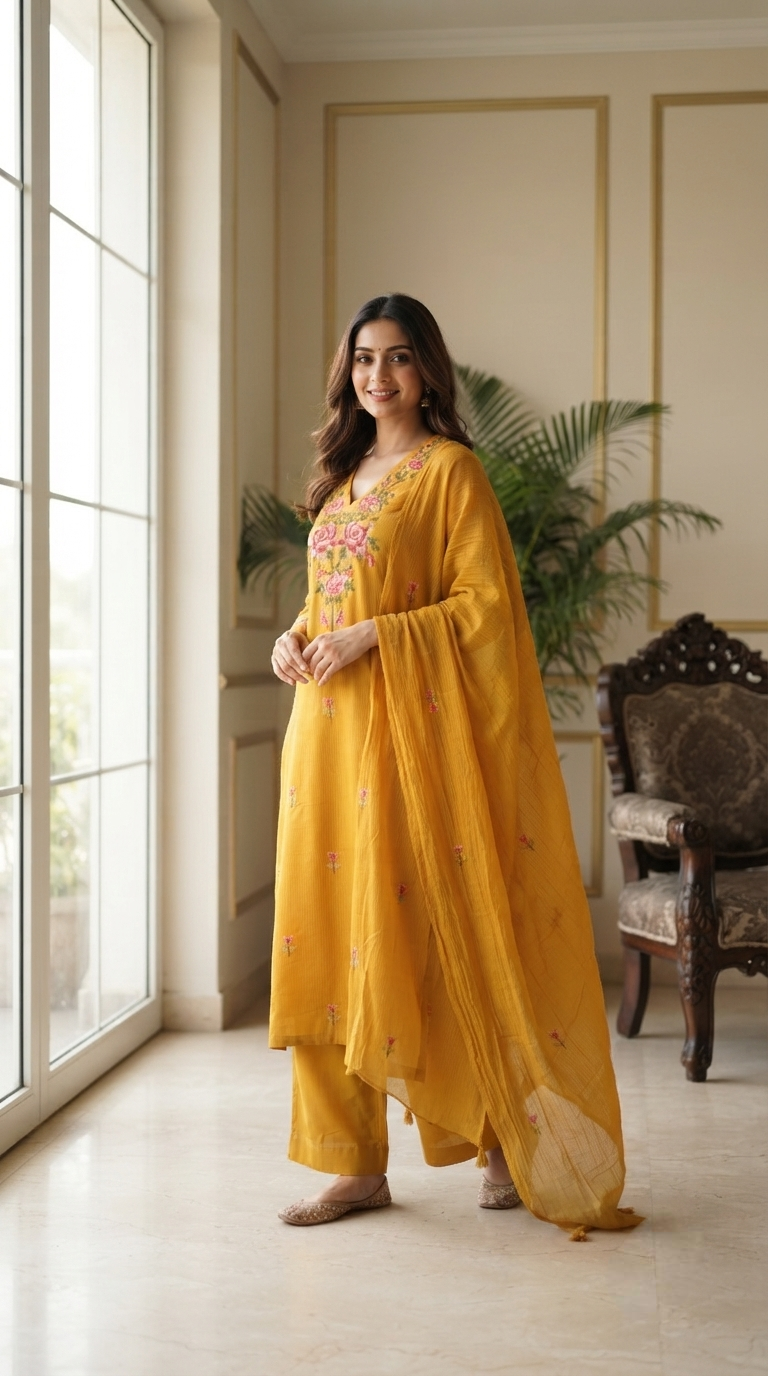 Women Mustard Yellow Rose Cross-Stitch Embroidery Cotton Kurta Pant Dupatta Set - Full View