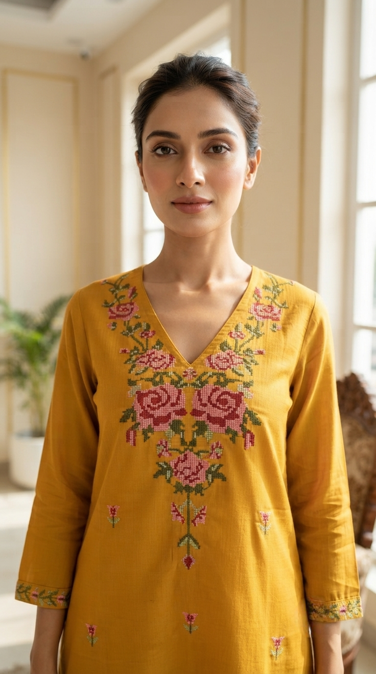 Women Mustard Yellow Cotton Kurta - Rose Cross-Stitch Neckline & Chest Embroidery Detail
