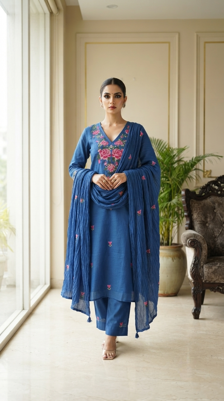 Women Royal Blue Rose Cross-Stitch Embroidery Cotton Kurta Pant Dupatta Set - Full View
