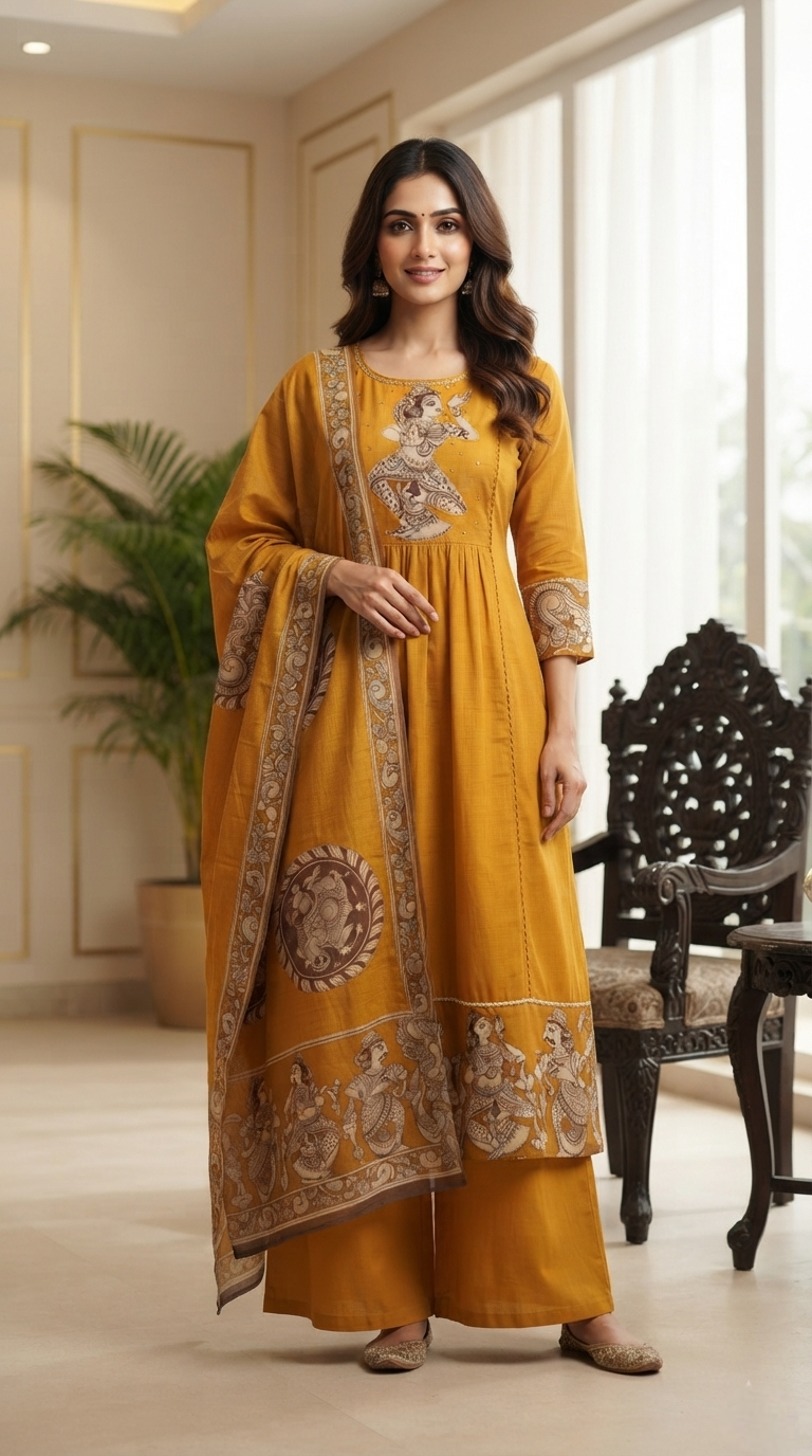 Women Yellow Embroidered Cotton Kurta Pant Dupatta