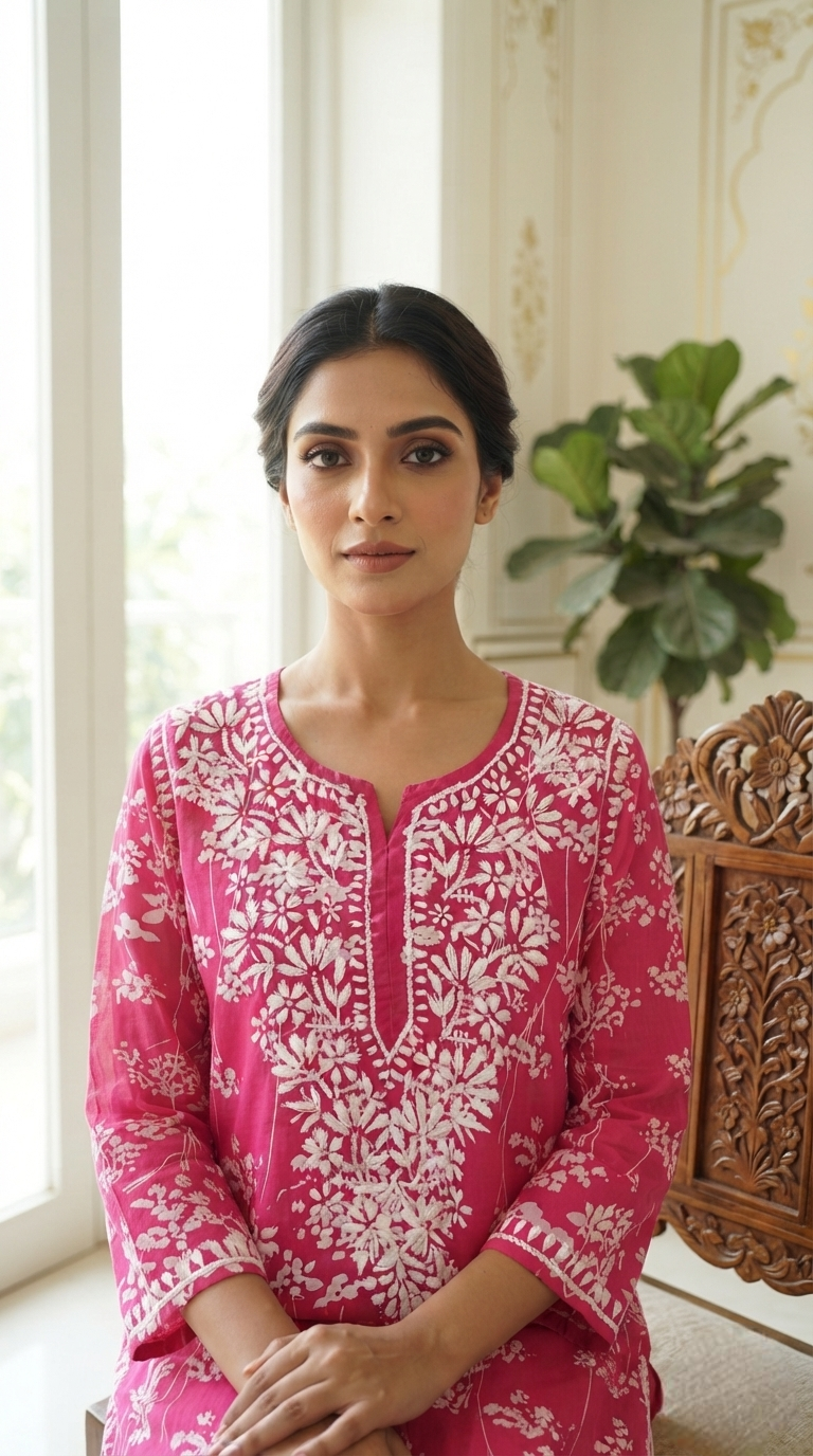 Women Pink Chikankari Cotton Kurta Only