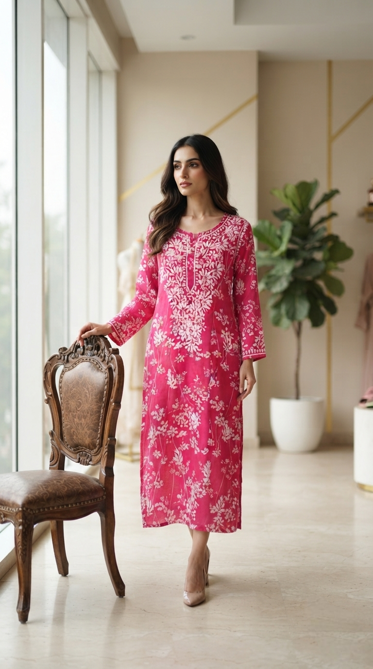 Women Pink Chikankari Cotton Kurta Only