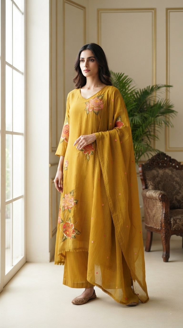 Women Yellow Embroidered Mul Cotton Kurta Pant Dupatta
