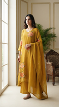Women Yellow Embroidered Mul Cotton Kurta Pant Dupatta