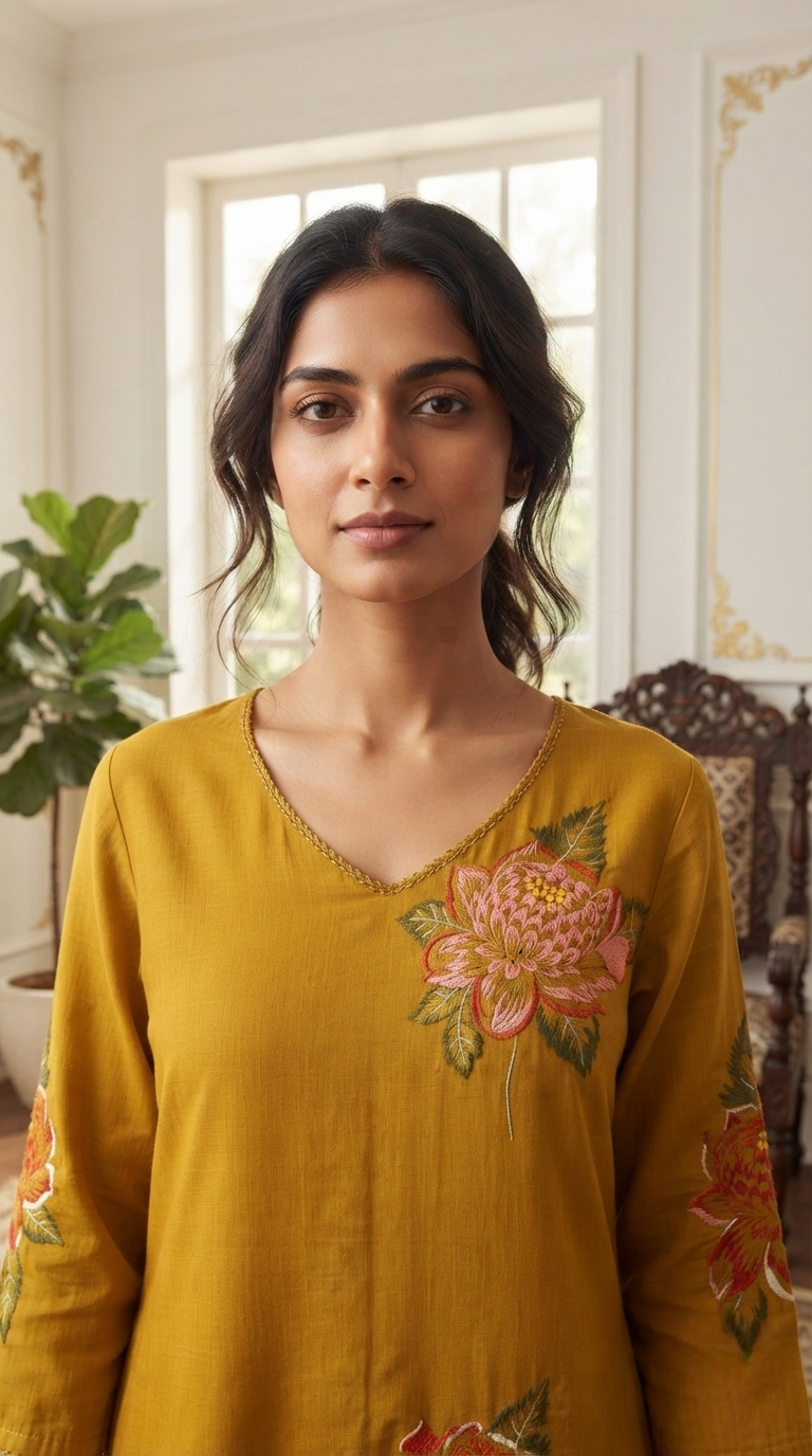 Women Yellow Embroidered Mul Cotton Kurta Pant Dupatta