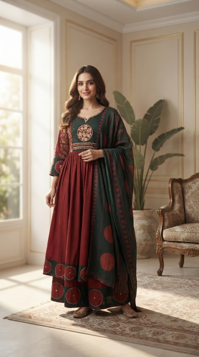 Women Maroon Embroidered Cotton Kurta Pant Dupatta