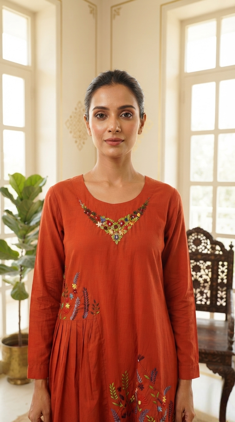 Women Rust Embroidered Cotton Kurta Only