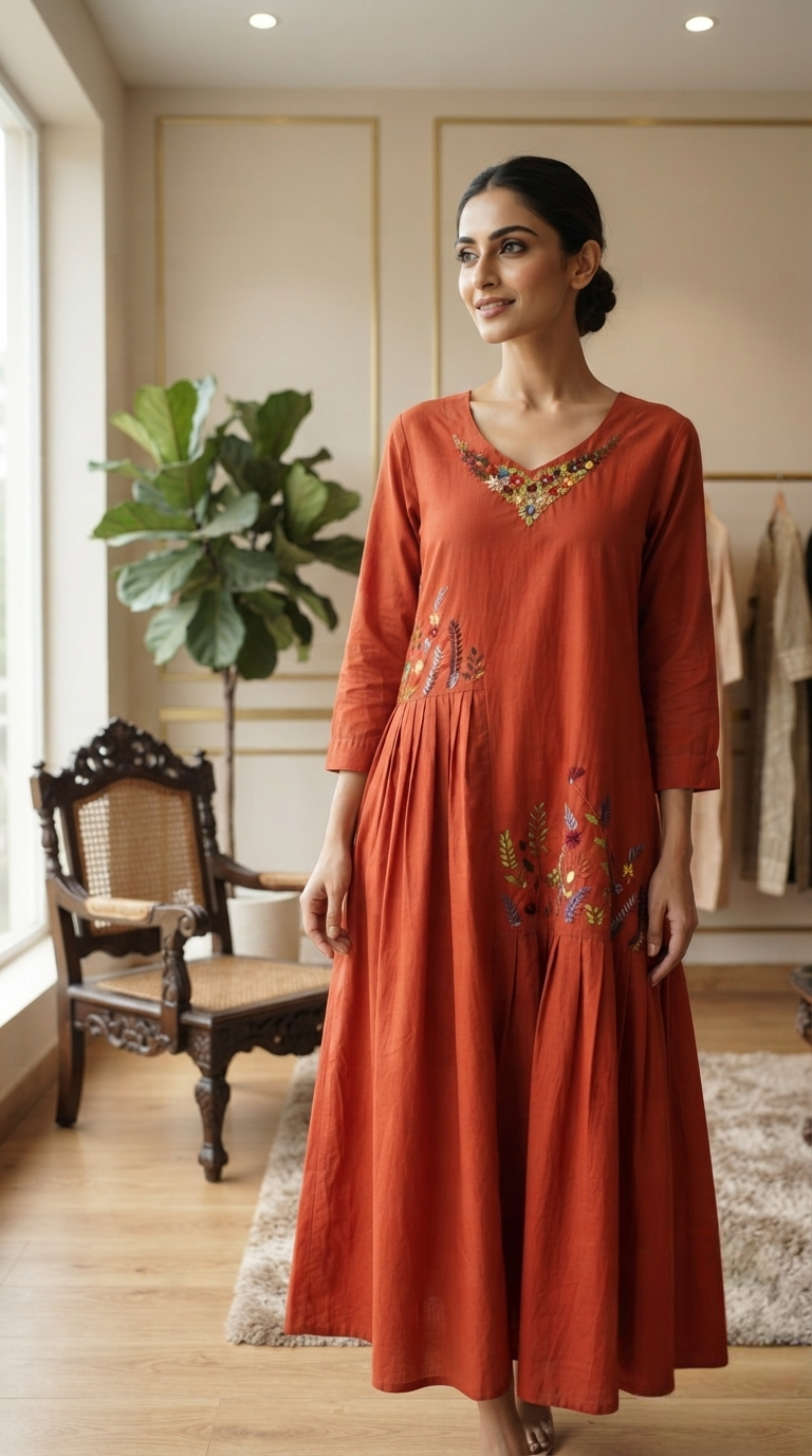 Women Rust Embroidered Cotton Kurta Only