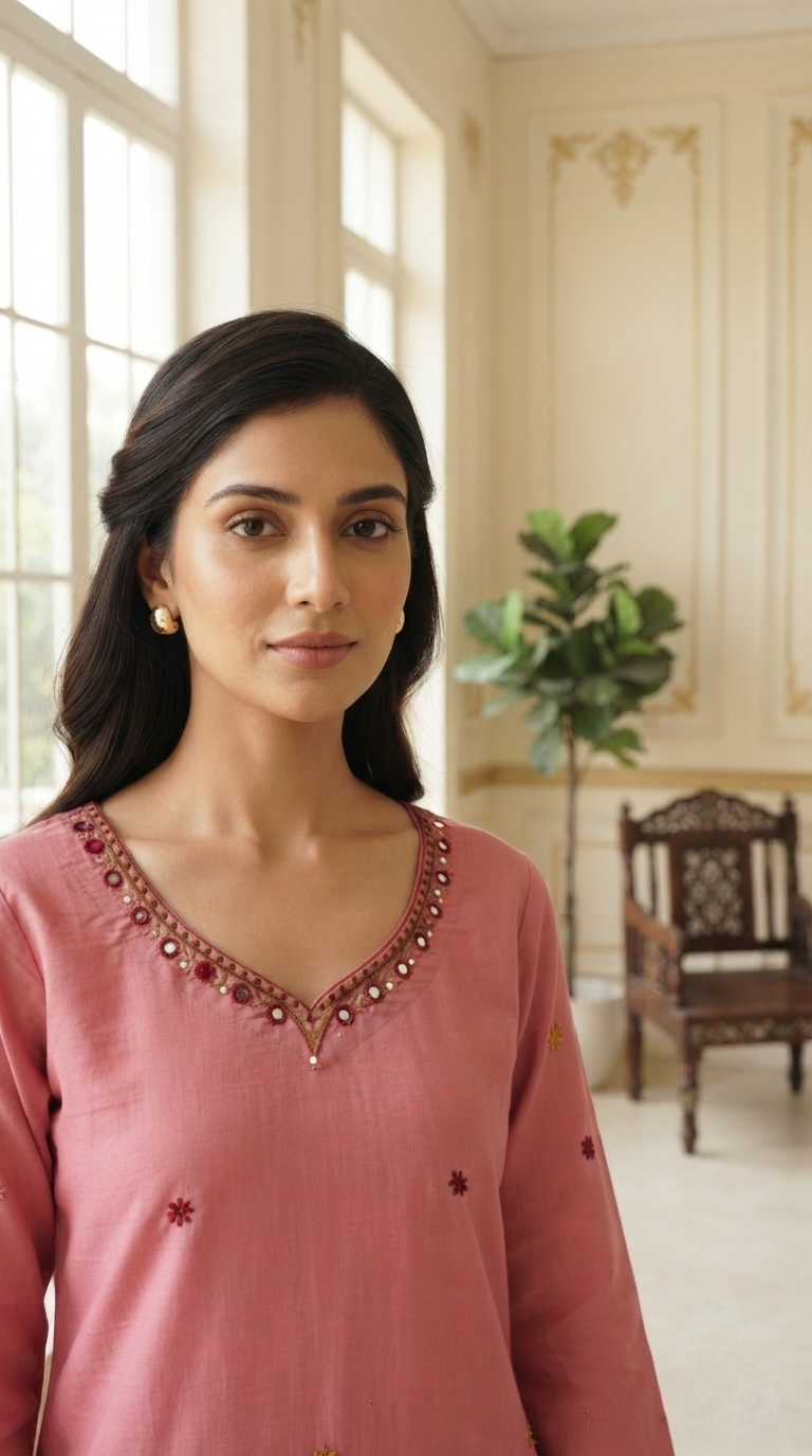 Women Pink Embroidered Cotton Kurta Pant