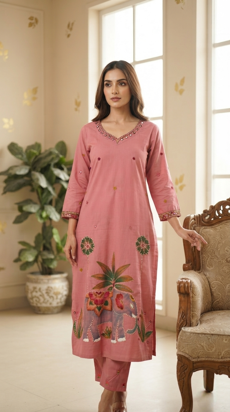 Women Pink Embroidered Cotton Kurta Pant